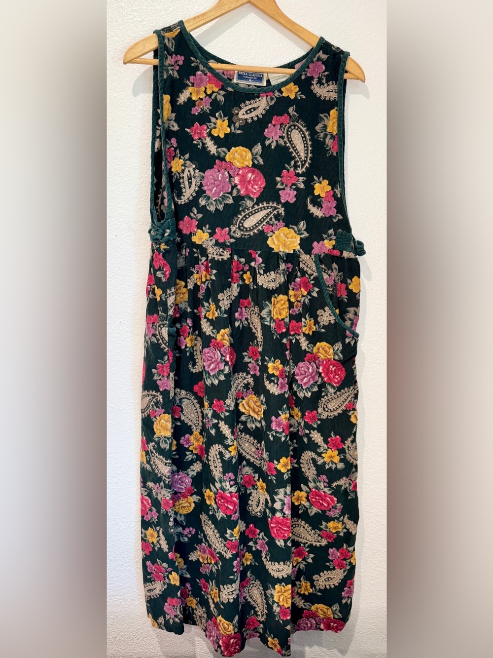 Vintage 90s Erika Classics Floral Paisley Corduroy Sleeveless Midi Dress L